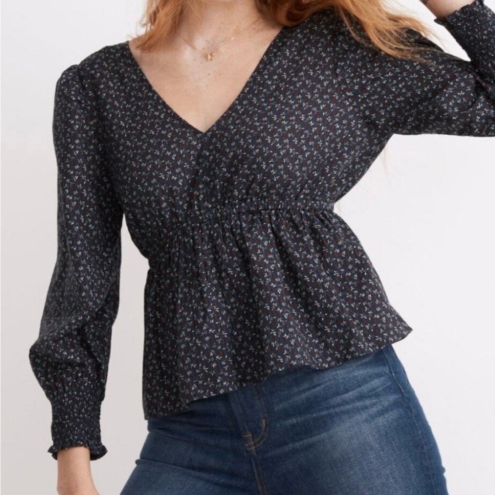 Navy Smocked Peplum Blouse